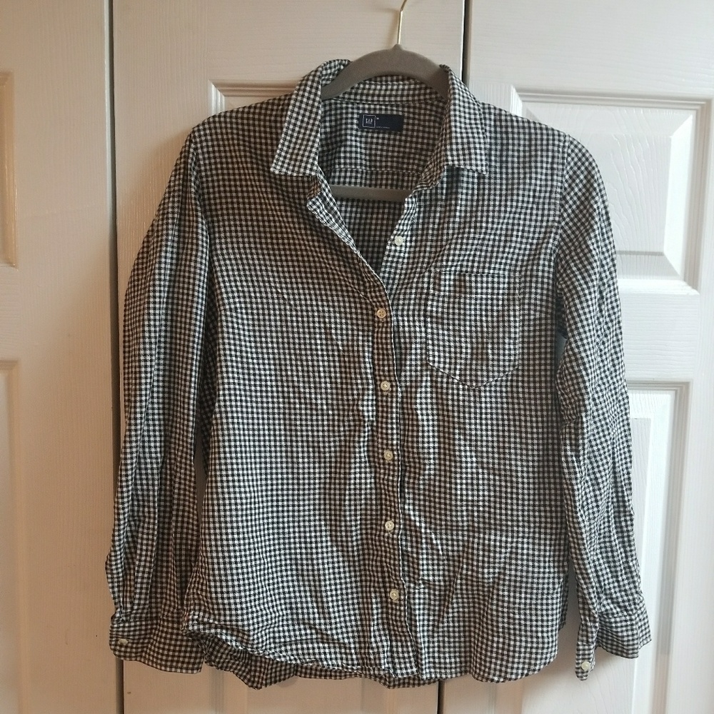 Checkered button down shirt.